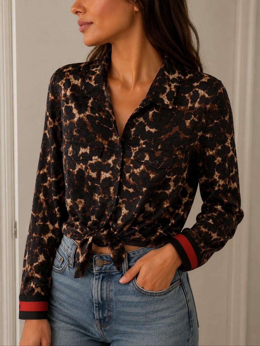 TRUTH NYC 1980s Tortoise Print Cropped Bow Tie Waist Baddie Shirt